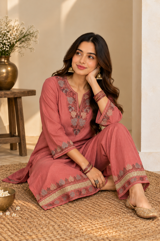 Pamposh Mauve Pink Silk Kurta-Set with Zari Tilla & Aari Embroidery
