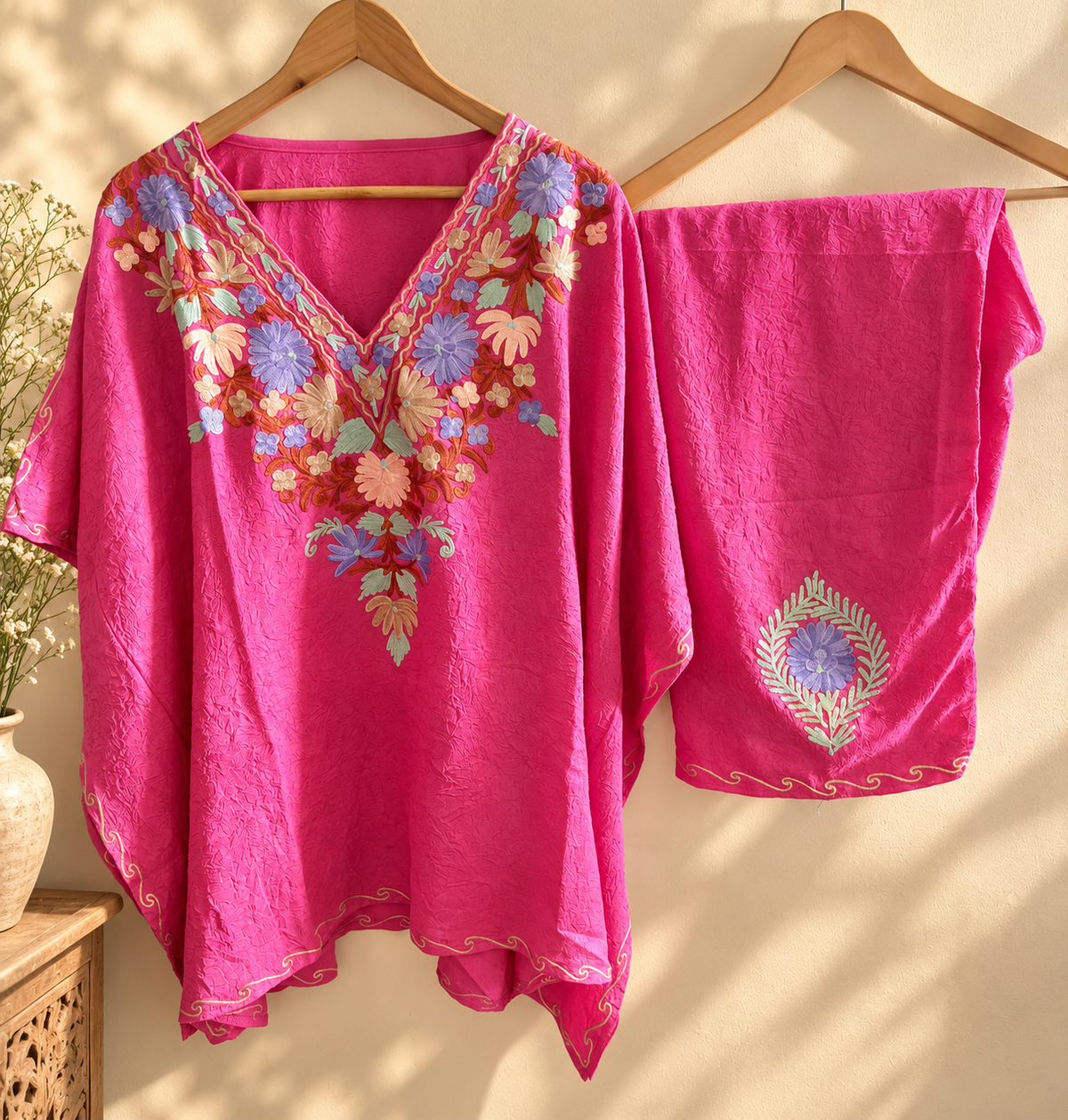 Lailaa Soft Pink Short Kaftan Set with Aari Work Embroidery
