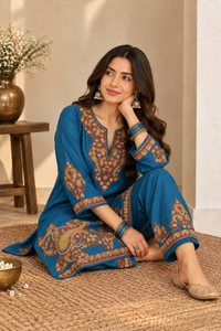 Pamposh Blue Silk Kurta-Set with Zari Tilla & Aari Embroidery