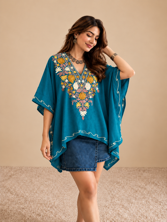 Posh Pastel Blue Mini Kaftan Top with Multi Aari Embroidery