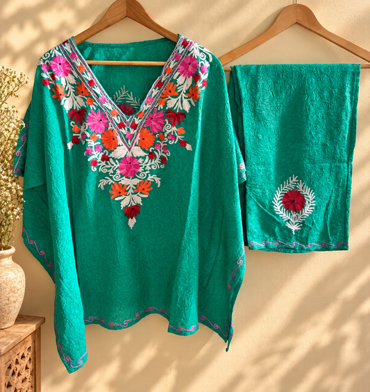 Lailaa Sea Green  Short Kaftan Set with Aari Work Embroidery
