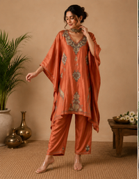 Lailaa Rust Orange Silk Kaftan Set with Tilla-Aari Embroidery
