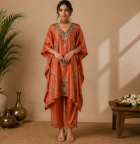 Lailaa Rust Orange Silk Kaftan Set with Tilla-Aari Embroidery