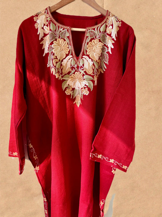 Sheeni Royal Rust Maroon HandMade Aari Work Pheran