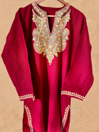 Sheen Maroon HandMade Aari Work Kurti- Pheran