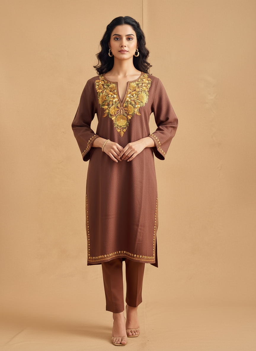 Sheen Royal Brown HandMade Aari Work Pheran