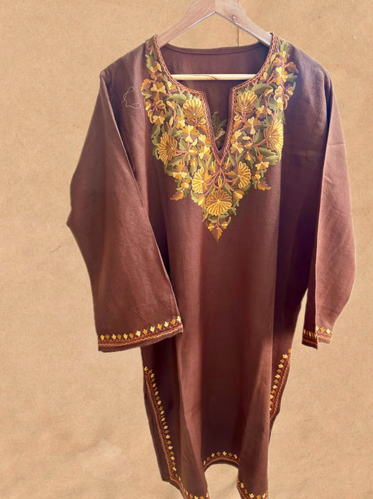 Sheen Royal Brown HandMade Aari Work Pheran