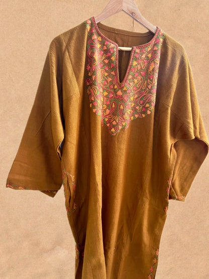 Sheen Mustard Brown HandMade Aari Work Pheran