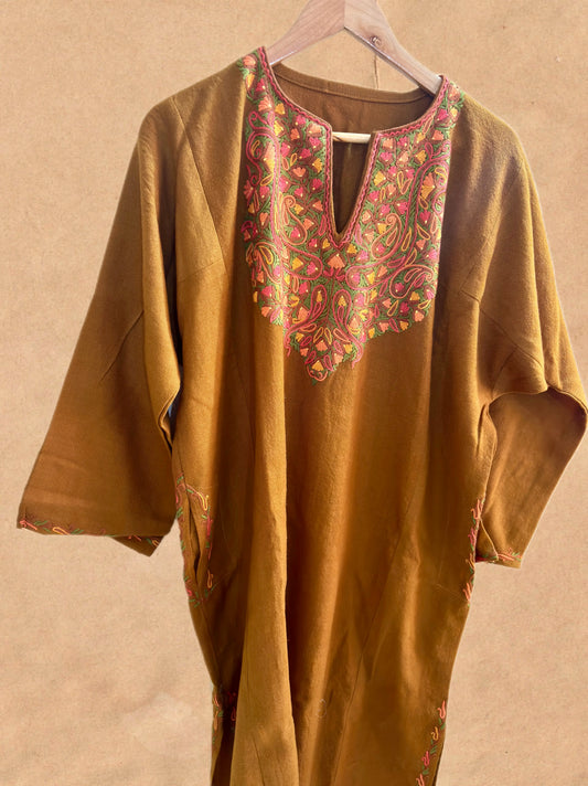 Sheen Mustard Brown HandMade Aari Work Pheran