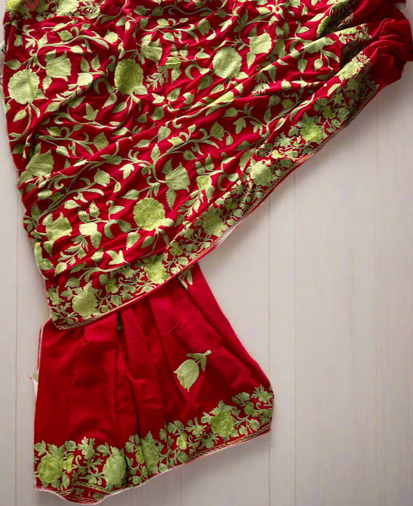 Posh Red Crepe Georgette Saree with Kashmiri Aari Embroidery