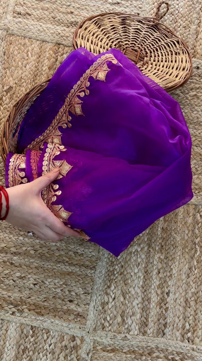 Madhuri Purple Organza Saree With Kashmiri Tilla Embroidery