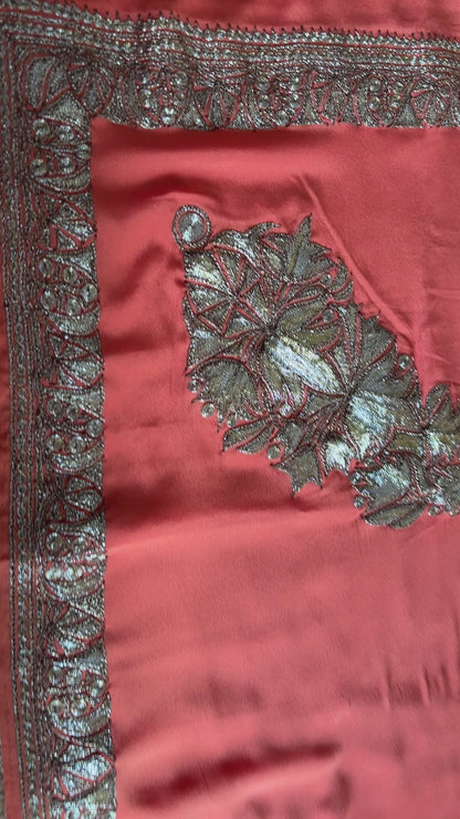 Mahren Pastel Pastel Orange Crepe Saree With Kashmiri Tilla Embroidery