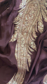 Pamposh Brown Crepe Saree with Kashmiri Tilla Embroidery