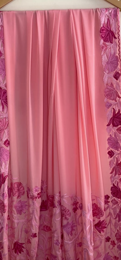 Posh Blush Pink Crepe Saree with Kashmiri Aari Embroidery
