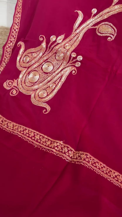 Omang Maroon Crepe Saree with Kashmiri Tilla Embroidery