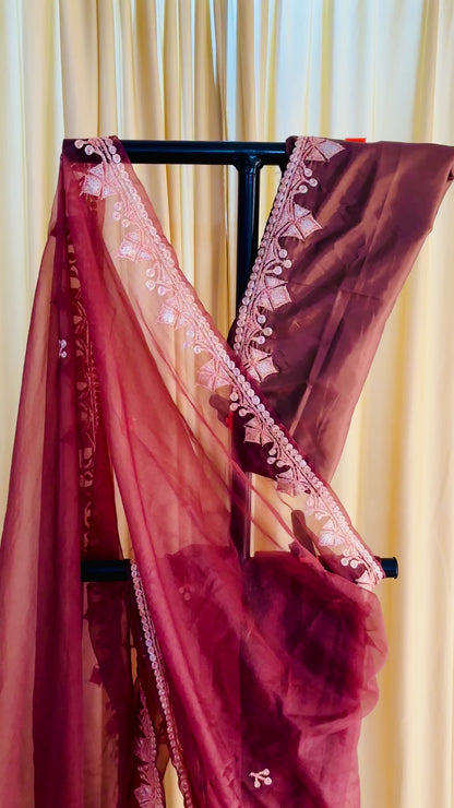 Madhuri Brown Organza Saree With Kashmiri Tilla Embroidery