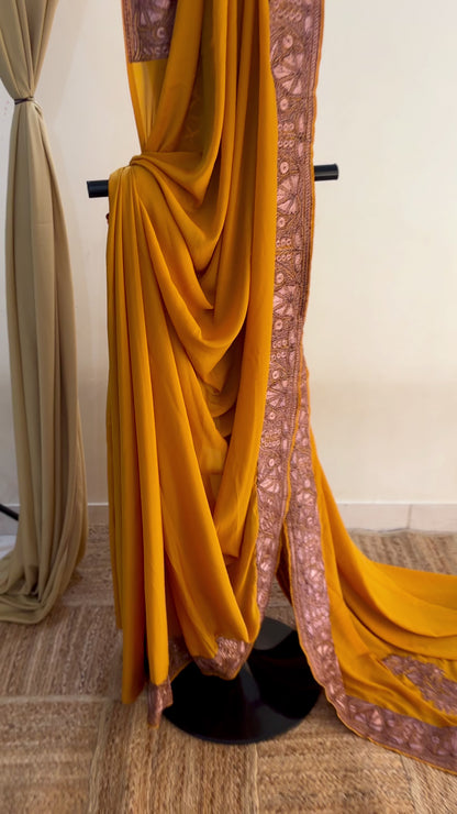 Mahren Mustard Crepe Saree With Kashmiri Tilla Embroidery
