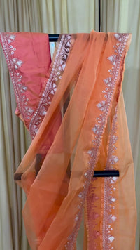 Madhuri Peach Organza Saree With Kashmiri Tilla Embroidery