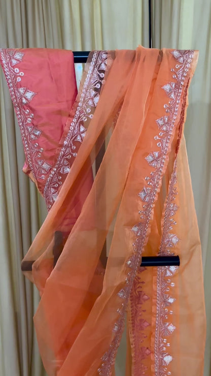 Madhuri Peach Organza Saree With Kashmiri Tilla Embroidery