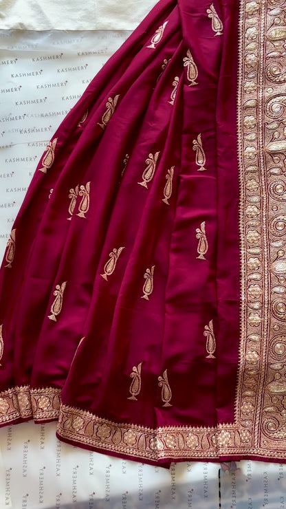 Mahren Royal Maroon Crepe Saree With Kashmiri Tilla Embroidery