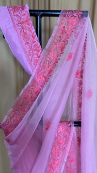 Noor Pink Organza Saree With Kashmiri Aari Embroidery