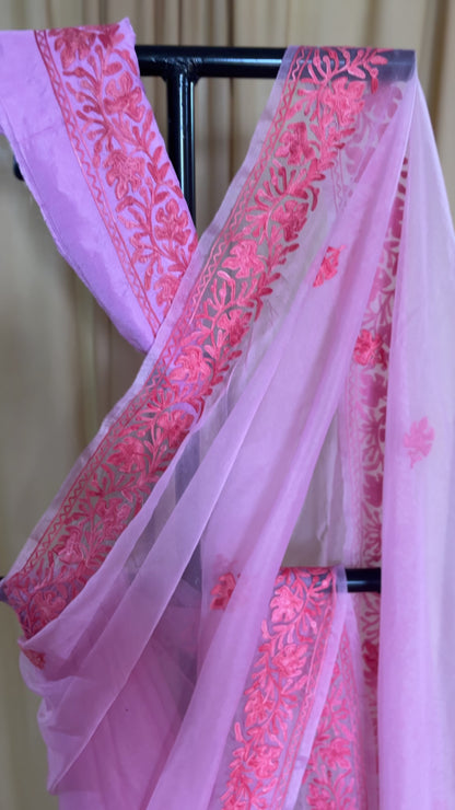 Noor Pink Organza Saree With Kashmiri Aari Embroidery