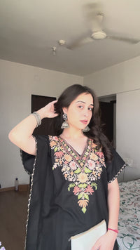 Lailaa Black Short Kaftan Set with Aari Work Embroidery