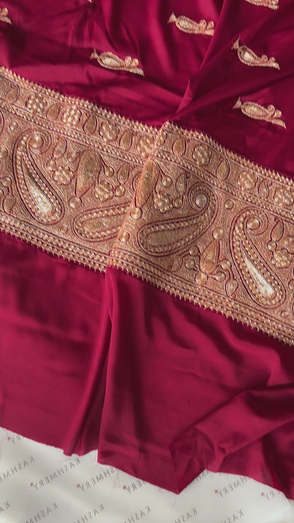 Mahren Royal Maroon Crepe Saree With Kashmiri Tilla Embroidery