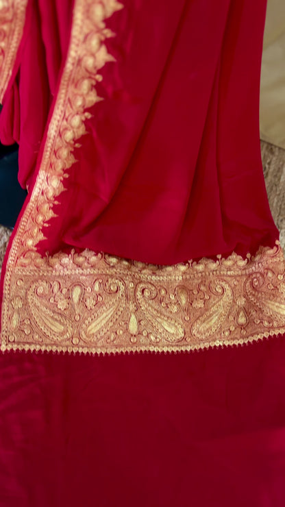 Nayna Red Crepe Tilla Saree with Kasmiri Tilla Embroidery