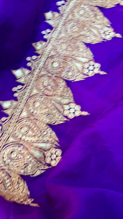 Madhuri Purple Organza Saree With Kashmiri Tilla Embroidery