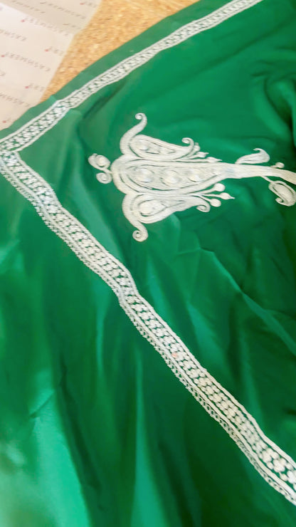 Omang Green Crepe Saree with Kashmiri Silver Tilla Embroidery