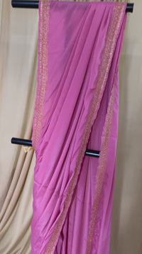 Pamposh Soft Pink Crepe Saree with Kashmiri Tilla Embroidery