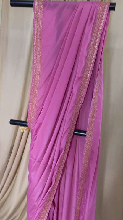 Pamposh Soft Pink Crepe Saree with Kashmiri Tilla Embroidery
