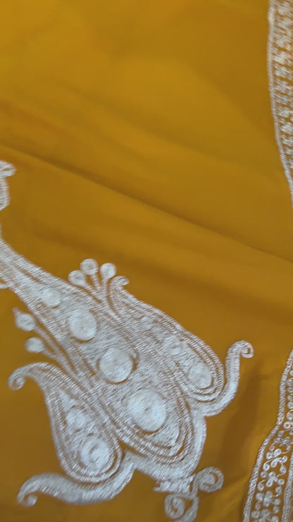 Omang Mustard Crepe Saree with Kashmiri Tilla Embroidery