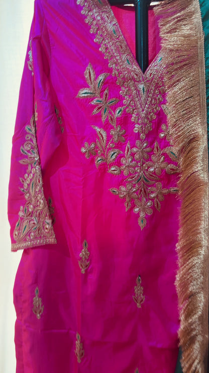 Leela Stitched Rani Pink Silk Suit Set with Tilla Embroidery & Green Dupatta