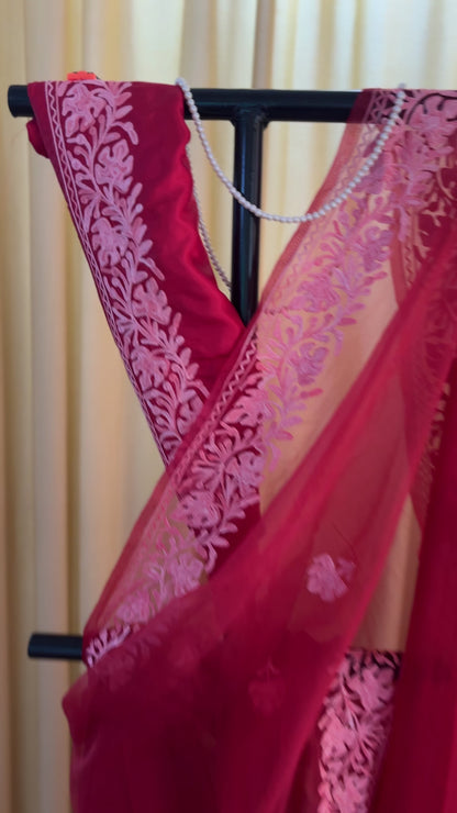 Noor Red Organza Saree With Kashmiri Aari Embroidery
