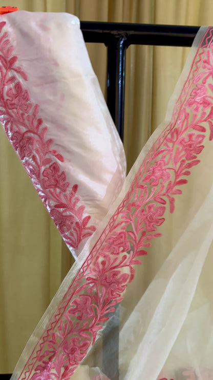 Noor White Organza Saree With Kashmiri Aari Embroidery
