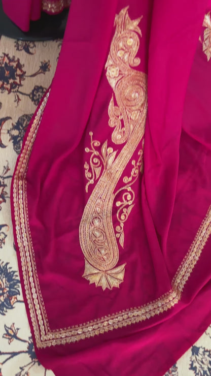 Pamposh Rani Pink Crepe Saree with Kashmiri Tilla Embroidery