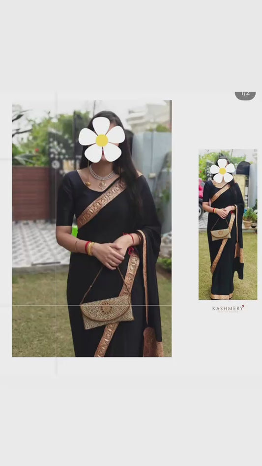 Mahren Black Crepe Saree With  Premium Kashmiri Tilla Embroidery