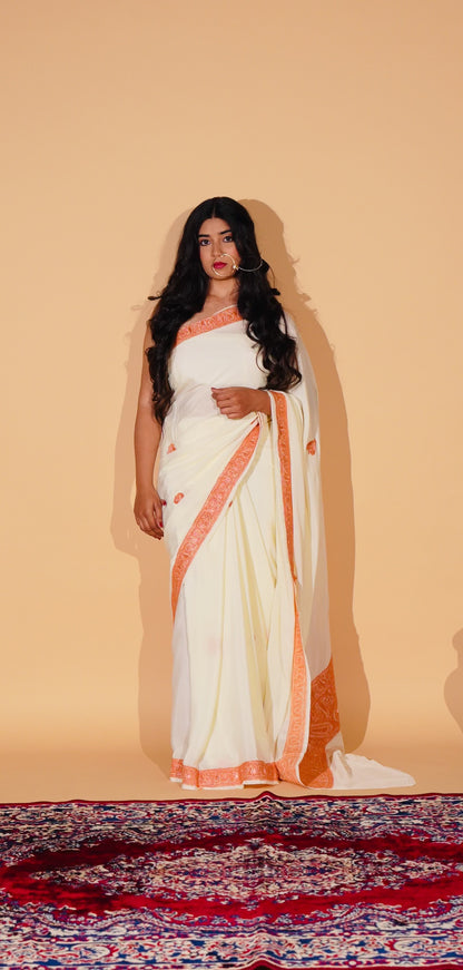 Mahren Ivory Crepe Saree With Kashmiri Tilla Embroidery