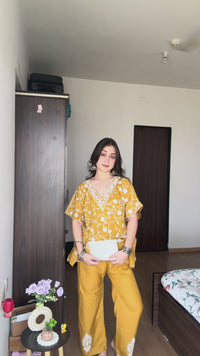 Lailaa Mustard Short Kaftan Set with Jaal Aari Work Embroidery