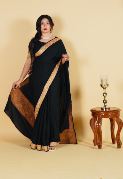 Mahren Royal Black Crepe Saree With Kashmiri Tilla Embroidery