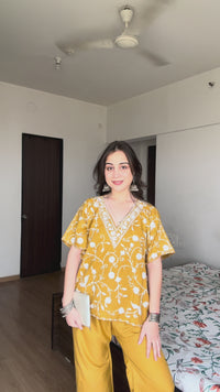 Lailaa Mustard Short Kaftan Set with Jaal Aari Work Embroidery