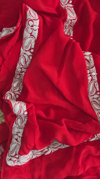 Mahren Red Crepe Saree With Kashmiri Silver Tilla Embroidery