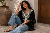 Lailaa Black Mini Kaftan Top with  White Aari Embroidery