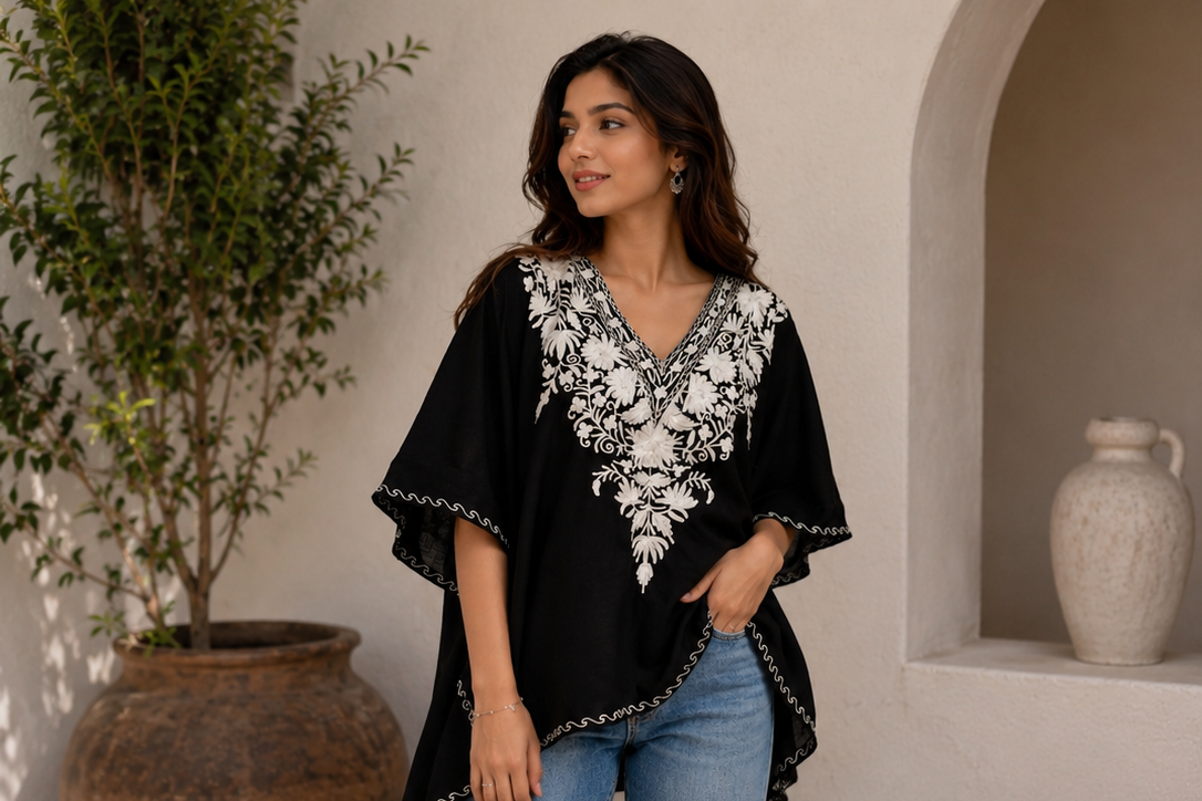 Lailaa Black Mini Kaftan Top with  White Aari Embroidery