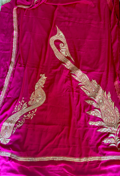 Pamposh Rani Pink Crepe Saree with Kashmiri Tilla Embroidery