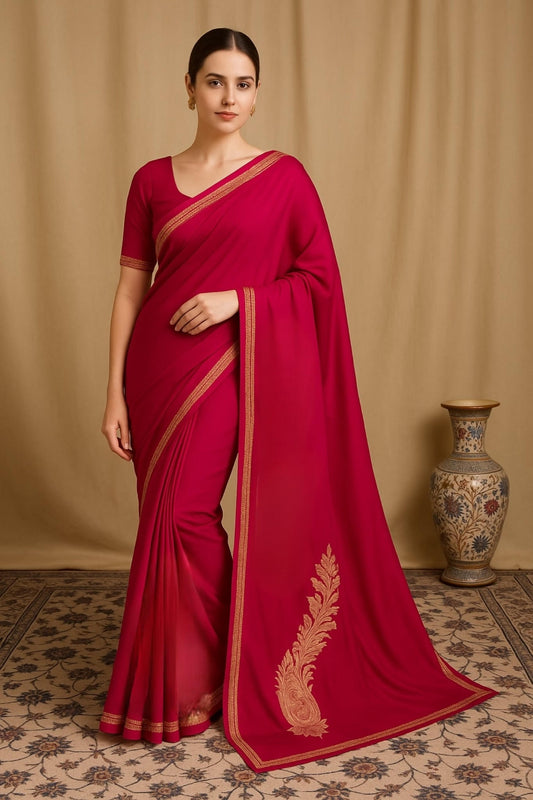 Pamposh Rani Pink Crepe Saree with Kashmiri Tilla Embroidery